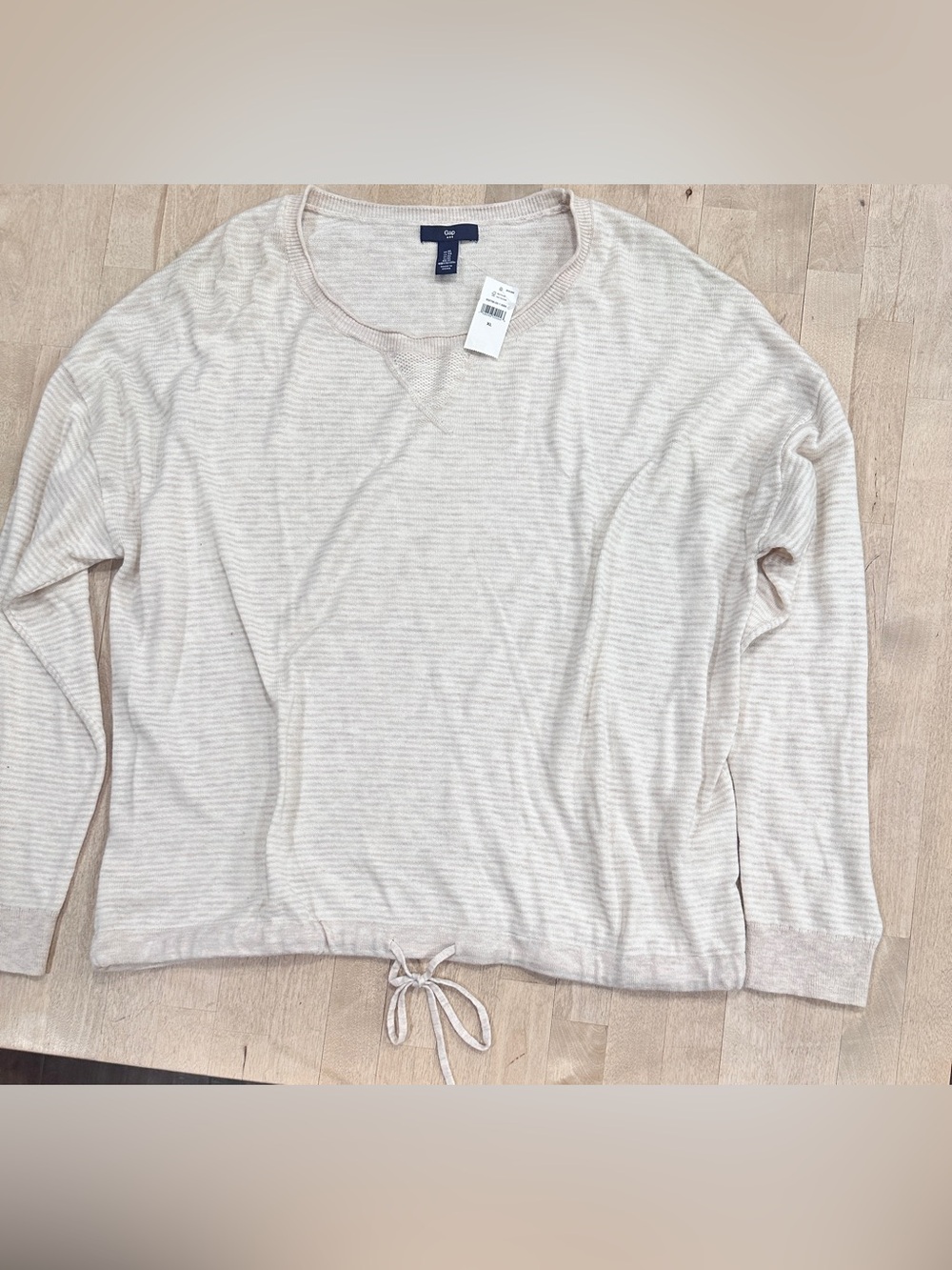 GAP Cream Striped Drawstring-Hem Long Sleeve Pullover